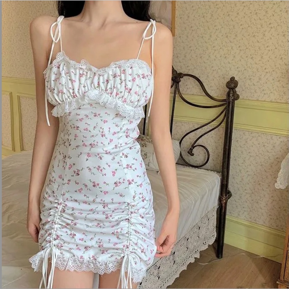 Tie-Shoulder Floral Print Drawstring Mini Ruched Sheath Dress w/ Lace Detailing